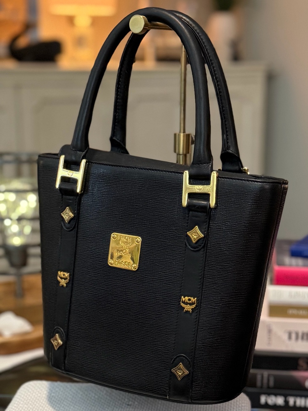MCM München Top Handle Tote in Black Leather w/Gold Tone Hardware, EUC